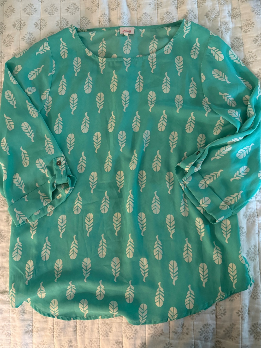 Pixley Teal Blouse with White Feather Motif